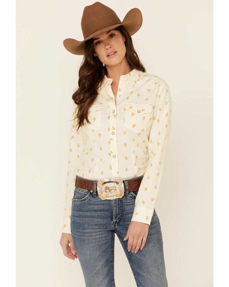 Women * | Discount Wrangler Women'S Ivory All-Over Cactus Print Long Sleeve Western Core Shirt