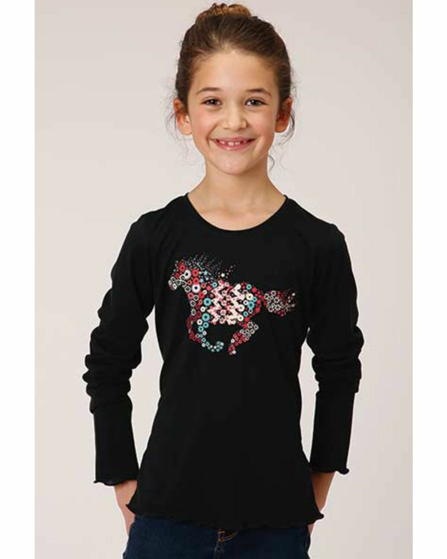 Kids * | Sale Online Roper Girls' Multicolored Horse Graphic Long Sleeve T-Shirt Black