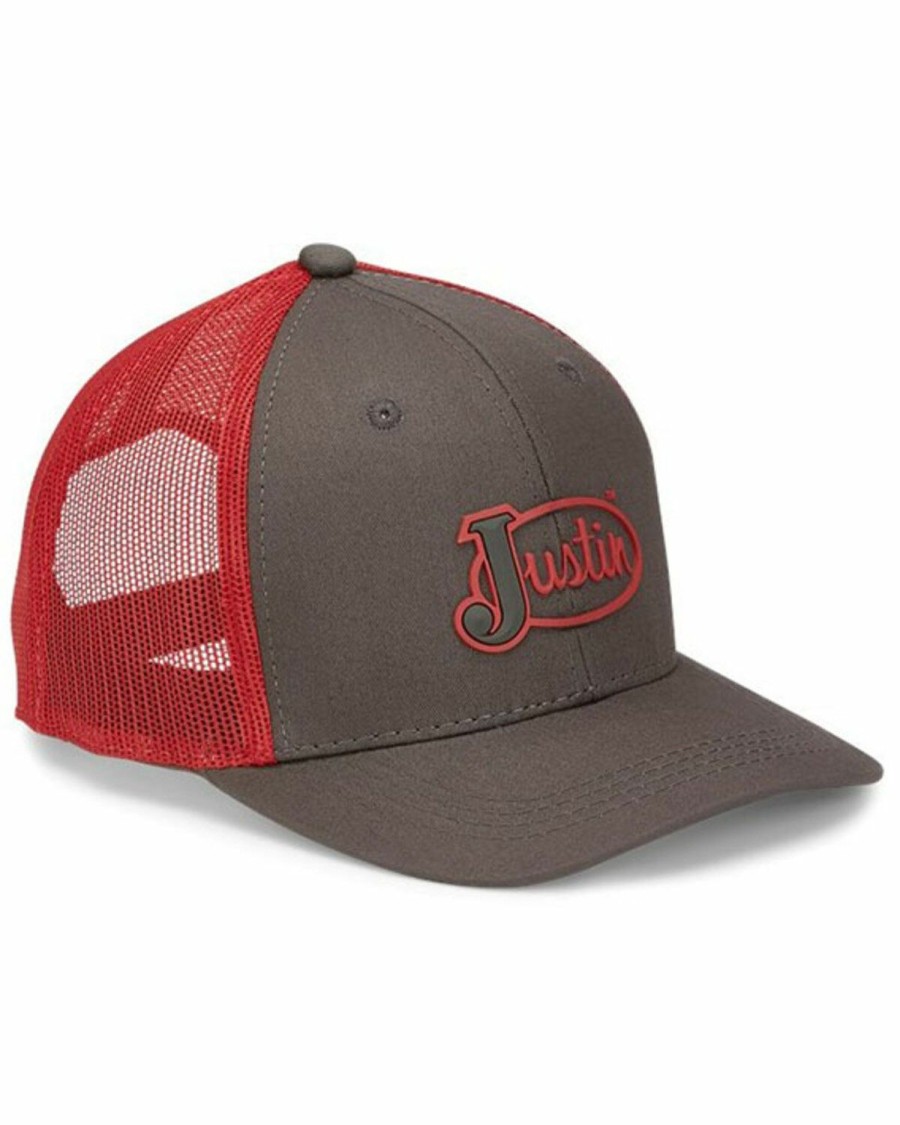 Men * | Best Sellers Justin Men'S Red Embroidered Rubber Front Cap