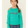 Kids * | New Wrangler Girls' Teal Southwestern Logo Cold Shoulder Long Sleeve Top