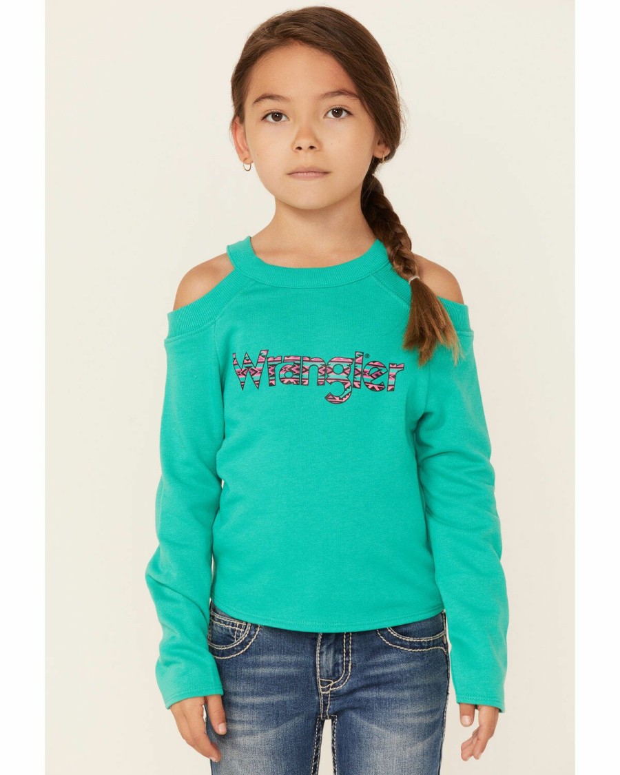 Kids * | New Wrangler Girls' Teal Southwestern Logo Cold Shoulder Long Sleeve Top