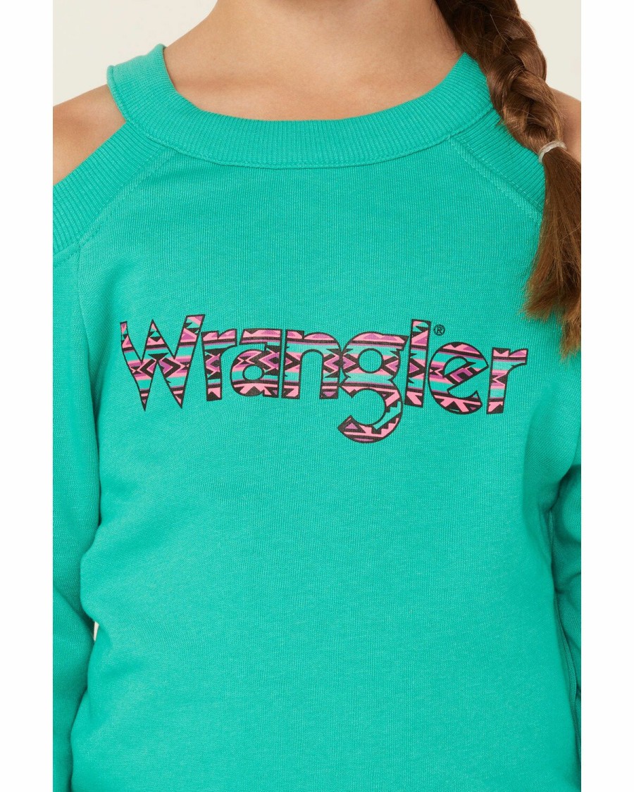 Kids * | New Wrangler Girls' Teal Southwestern Logo Cold Shoulder Long Sleeve Top