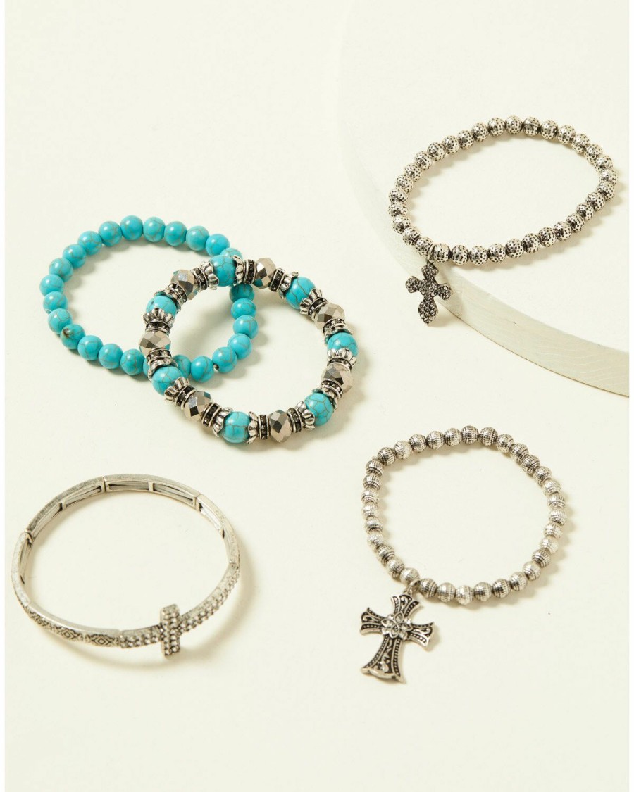 Gifts * | New Threads Shyanne Women'S Turquoise Cross Stretch Beaded Bracelet Set