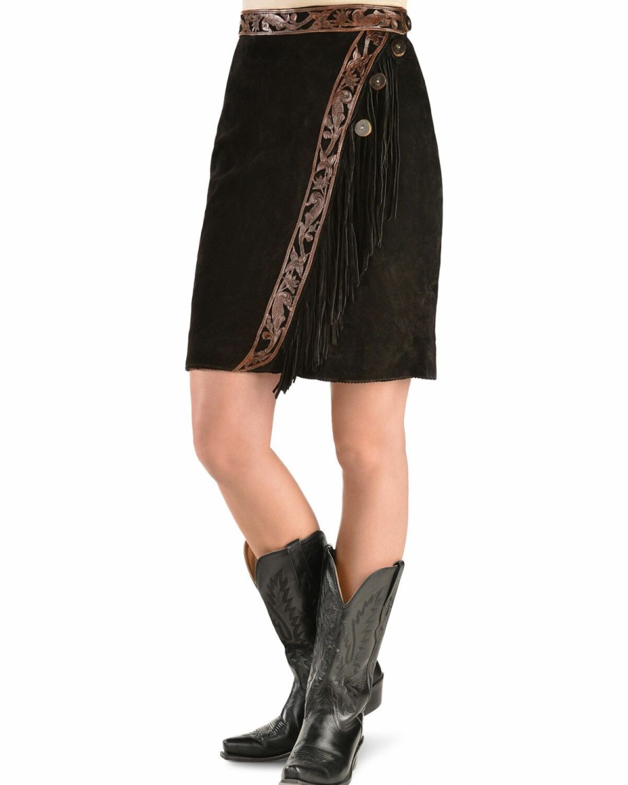 Women * | Sale Online Kobler Leather Women'S Tooled Leather & Fringe Sedona Suede Skirt