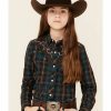 Kids * | Attractive Roper Girls' Brown & Teal Windowpane Plaid Fancy Yoke Long Sleeve Snap Western Shirt