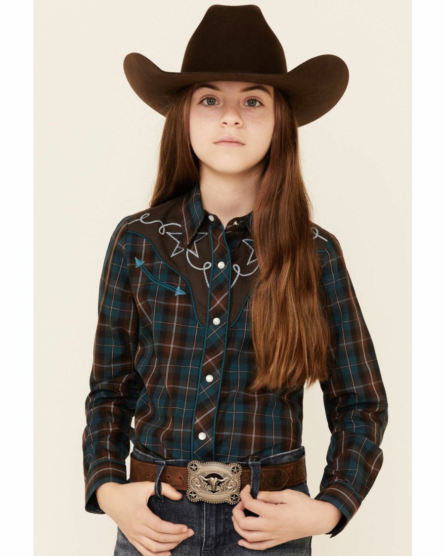 Kids * | Attractive Roper Girls' Brown & Teal Windowpane Plaid Fancy Yoke Long Sleeve Snap Western Shirt