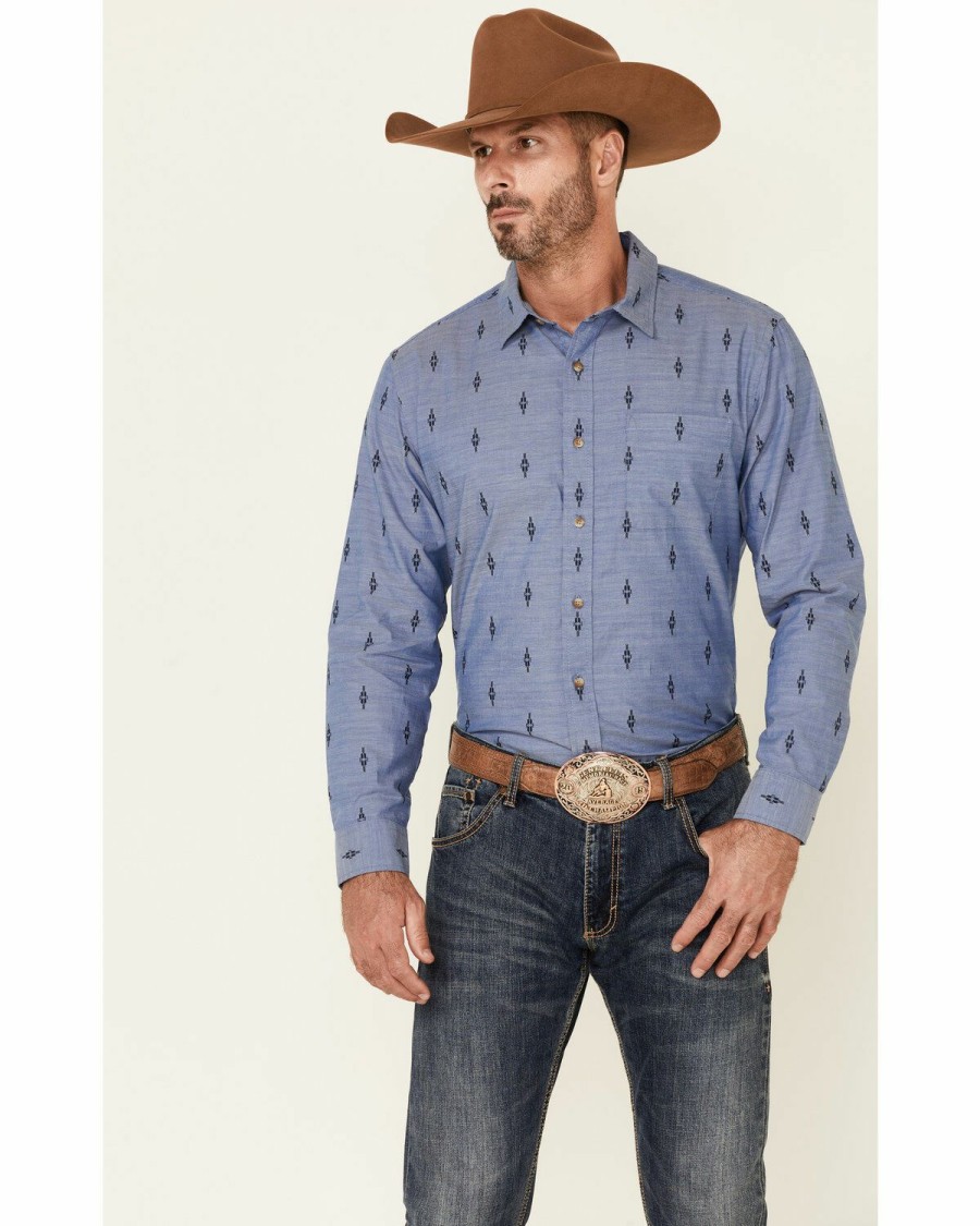 Men * | Sale Online Pendleton Men'S Indigo Chambray All-Over Dobby Print Long Sleeve Button-Down Western Shirt