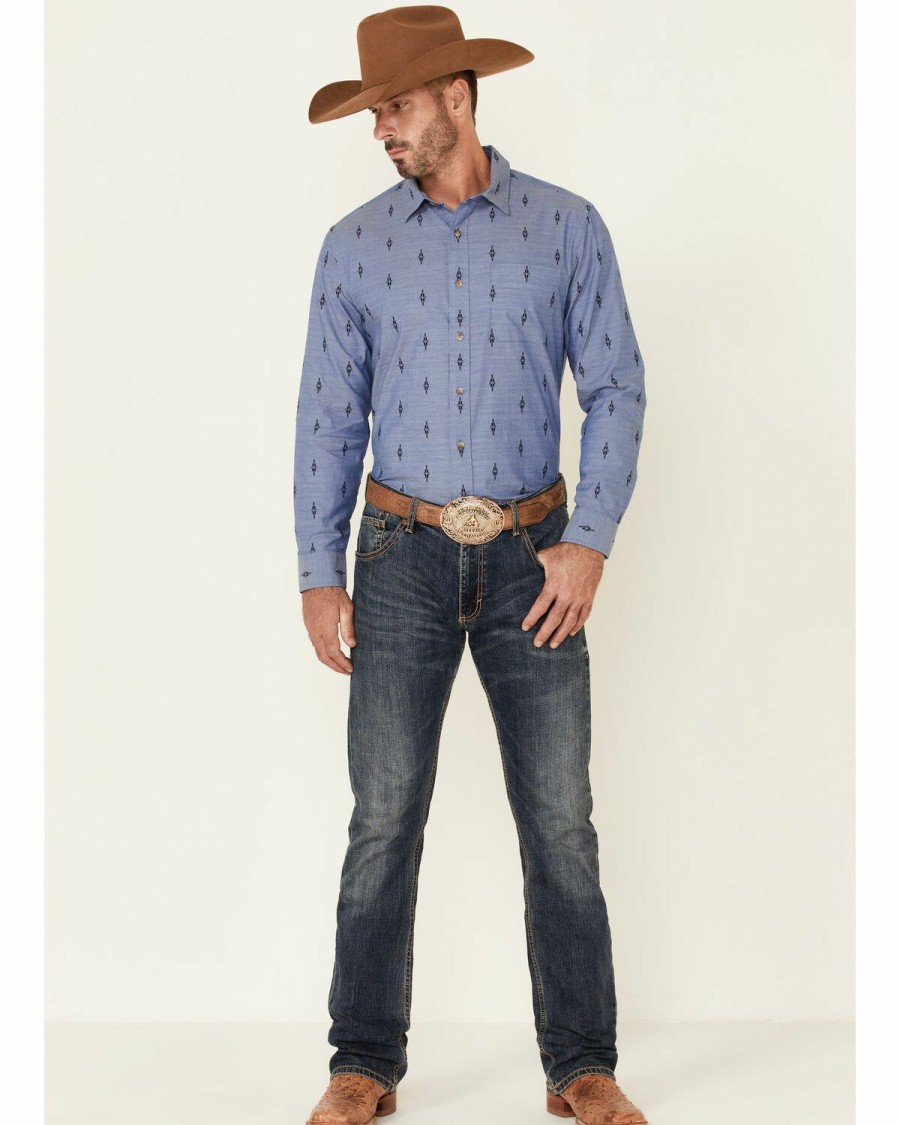 Men * | Sale Online Pendleton Men'S Indigo Chambray All-Over Dobby Print Long Sleeve Button-Down Western Shirt